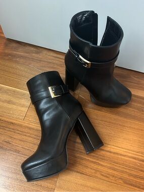 Vegan Leather Black Platform Ankle Boots with Gold Buckle